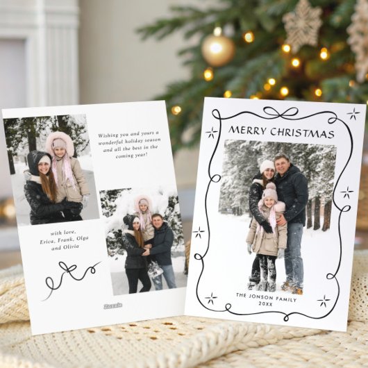 Funky Christmas Boho Black Bow Ribbon 3 Photo Feestdagenkaart