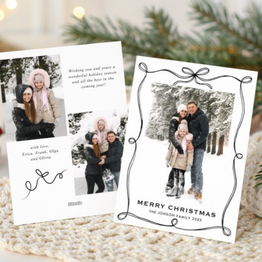 Funky Christmas Boho Black Bow Ribbon 3 Photo Feestdagenkaart