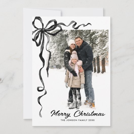 Funky Christmas Boho Black Bow Ribbon 5 Photo Feestdagenkaart (Voorkant)