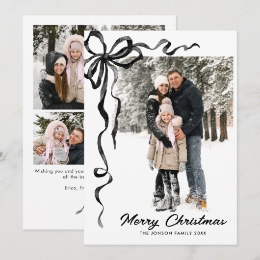 Funky Christmas Boho Black Bow Ribbon 5 Photo Feestdagenkaart (Voorkant / Achterkant)
