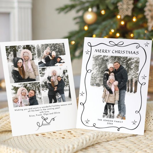 Funky Christmas Boho Black Bow Ribbon 5 Photo Feestdagenkaart