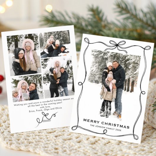 Funky Christmas Boho Black Bow Ribbon 5 Photo Feestdagenkaart