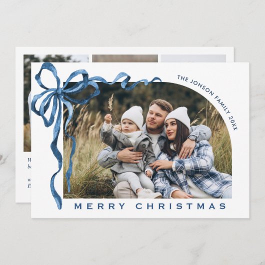 Funky Christmas Boho Blue Bow Ribbon 4 Photo Feestdagenkaart (Voorkant / Achterkant)