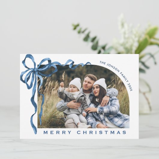 Funky Christmas Boho Blue Bow Ribbon 4 Photo Feestdagenkaart (Staand voorkant)