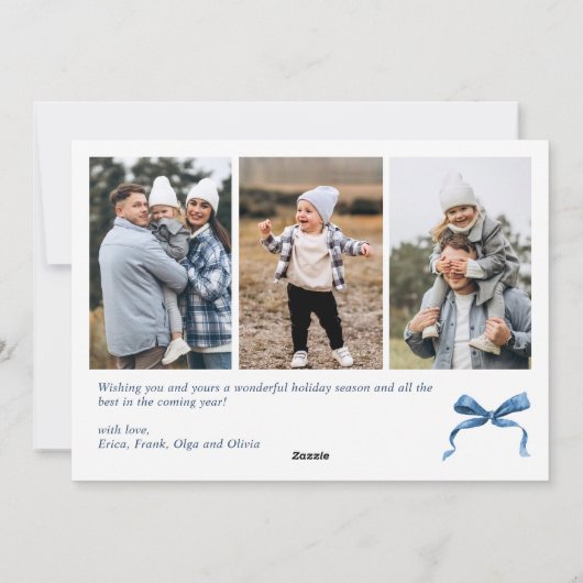 Funky Christmas Boho Blue Bow Ribbon 4 Photo Feestdagenkaart (Achterkant)