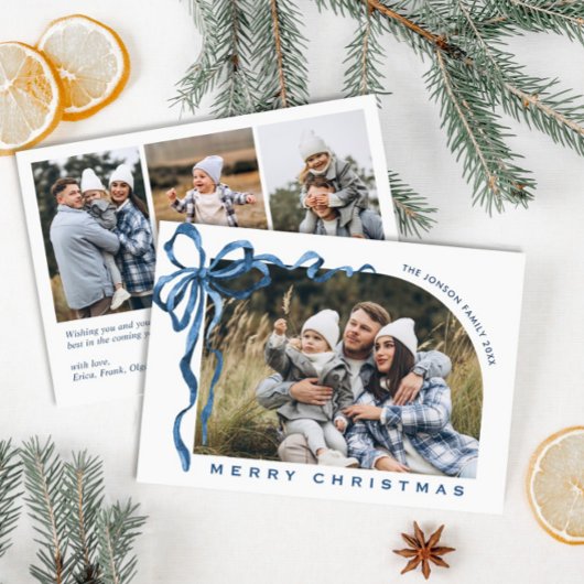 Funky Christmas Boho Blue Bow Ribbon 4 Photo Feestdagenkaart