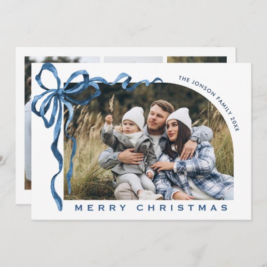 Funky Christmas Boho Blue Bow Ribbon 4 Photo Feestdagenkaart (Voorkant / Achterkant)