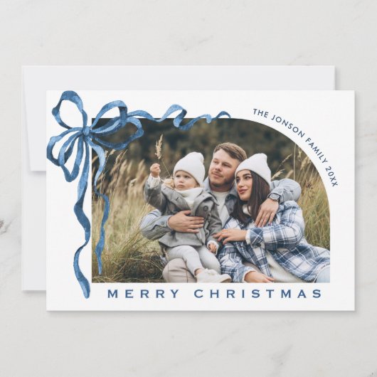 Funky Christmas Boho Blue Bow Ribbon 6 Photo Feestdagenkaart (Voorkant)