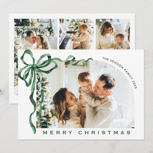 Funky Christmas Boho Green Bow Ribbon 4 Photo Feestdagenkaart (Voorkant / Achterkant)