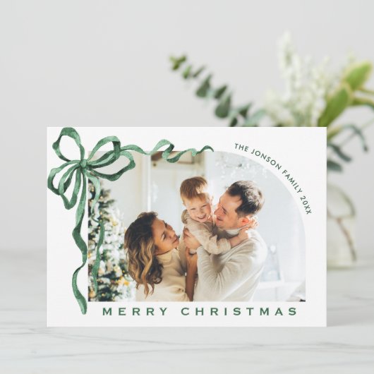 Funky Christmas Boho Green Bow Ribbon 4 Photo Feestdagenkaart (Staand voorkant)