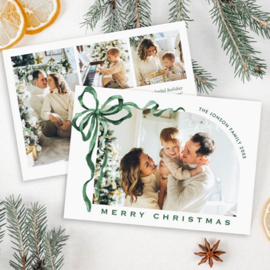 Funky Christmas Boho Green Bow Ribbon 4 Photo Feestdagenkaart