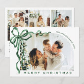 Funky Christmas Boho Green Bow Ribbon 4 Photo Feestdagenkaart (Voorkant / Achterkant)