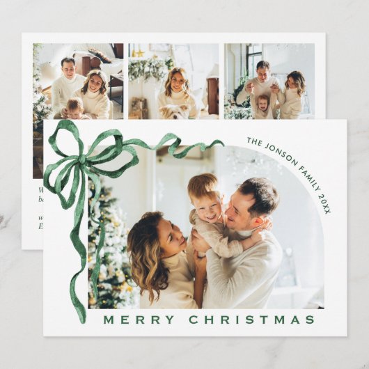 Funky Christmas Boho Green Bow Ribbon 4 Photo Feestdagenkaart (Voorkant / Achterkant)