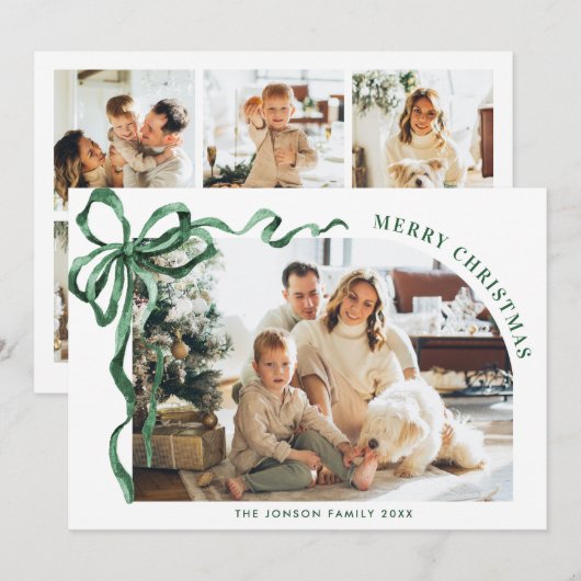 Funky Christmas Boho Green Bow Ribbon 6 Photo Feestdagenkaart (Voorkant / Achterkant)