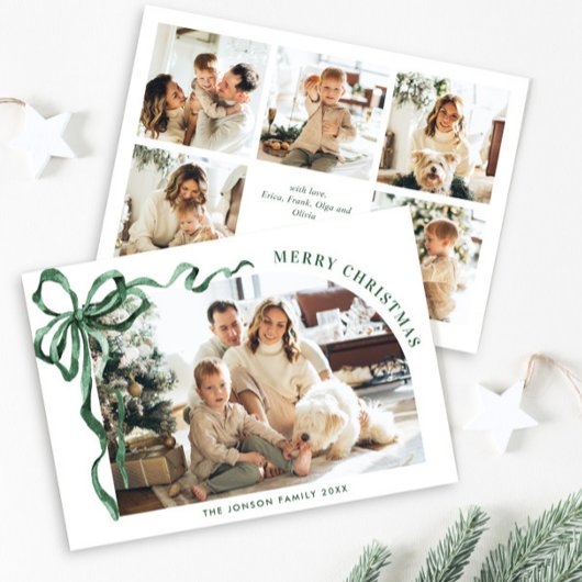 Funky Christmas Boho Green Bow Ribbon 6 Photo Feestdagenkaart