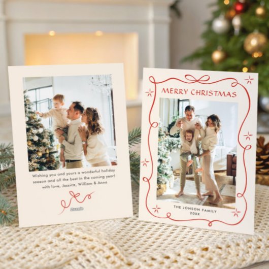 Funky Christmas Boho Red Bow Ribbon 2 Photo Feestdagenkaart