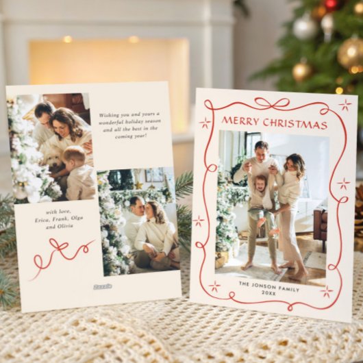 Funky Christmas Boho Red Bow Ribbon 3 Photo Feestdagenkaart