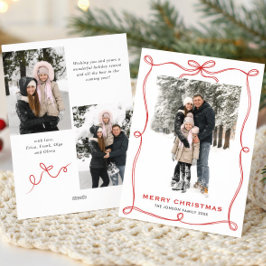 Funky Christmas Boho Red Bow Ribbon 3 Photo Feestdagenkaart