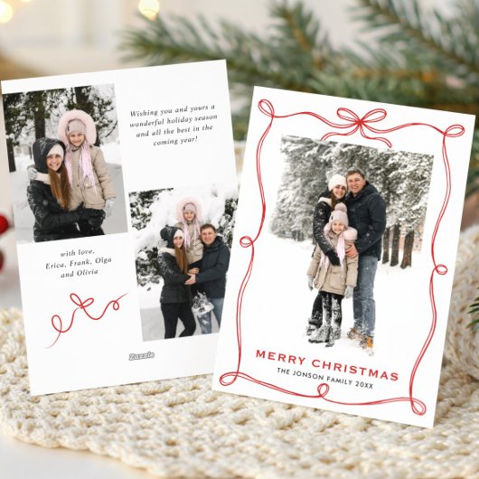 Funky Christmas Boho Red Bow Ribbon 3 Photo Feestdagenkaart