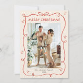 Funky Christmas Boho Red Bow Ribbon 3 Photo Feestdagenkaart (Voorkant)