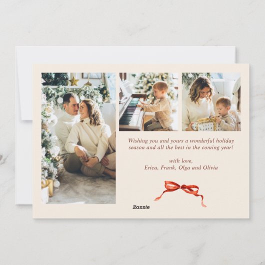 Funky Christmas Boho Red Bow Ribbon 4 Photo Feestdagenkaart (Achterkant)