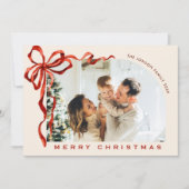 Funky Christmas Boho Red Bow Ribbon 4 Photo Feestdagenkaart (Voorkant)