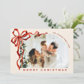 Funky Christmas Boho Red Bow Ribbon 4 Photo Feestdagenkaart (Staand voorkant)