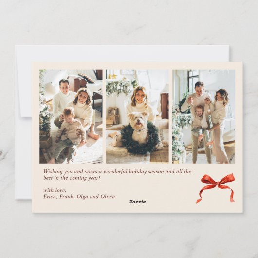 Funky Christmas Boho Red Bow Ribbon 4 Photo Feestdagenkaart (Achterkant)