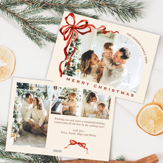 Funky Christmas Boho Red Bow Ribbon 4 Photo Feestdagenkaart