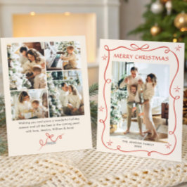 Funky Christmas Boho Red Bow Ribbon 5 Photo Feestdagenkaart