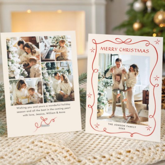 Funky Christmas Boho Red Bow Ribbon 5 Photo Feestdagenkaart