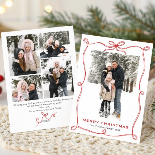Funky Christmas Boho Red Bow Ribbon 5 Photo Feestdagenkaart