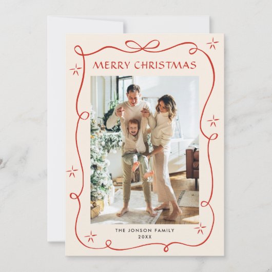 Funky Christmas Boho Red Bow Ribbon 5 Photo Feestdagenkaart (Voorkant)