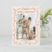 Funky Christmas Boho Red Bow Ribbon 5 Photo Feestdagenkaart (Staand voorkant)