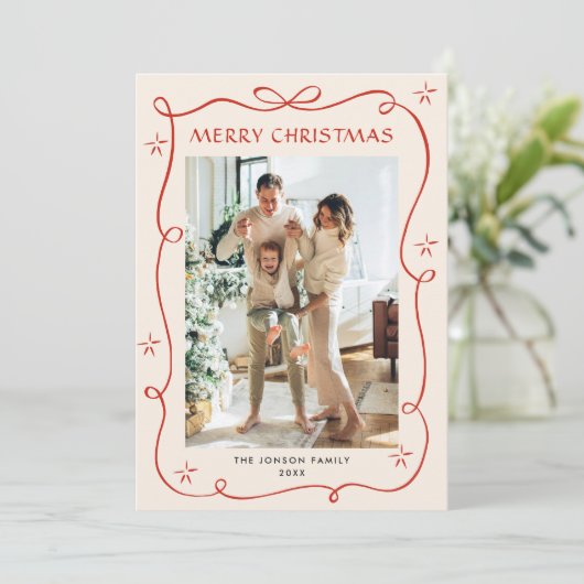 Funky Christmas Boho Red Bow Ribbon 5 Photo Feestdagenkaart (Staand voorkant)