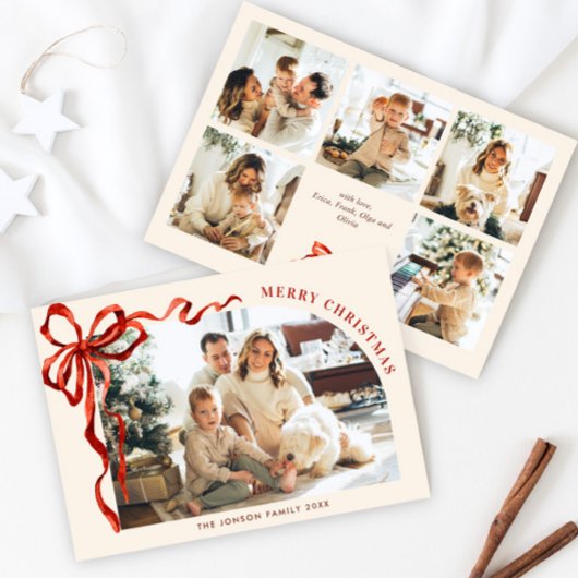Funky Christmas Boho Red Bow Ribbon 6 Photo Feestdagenkaart