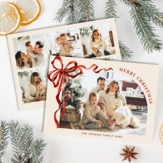 Funky Christmas Boho Red Bow Ribbon 6 Photo Feestdagenkaart