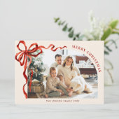 Funky Christmas Boho Red Bow Ribbon 6 Photo Feestdagenkaart (Staand voorkant)