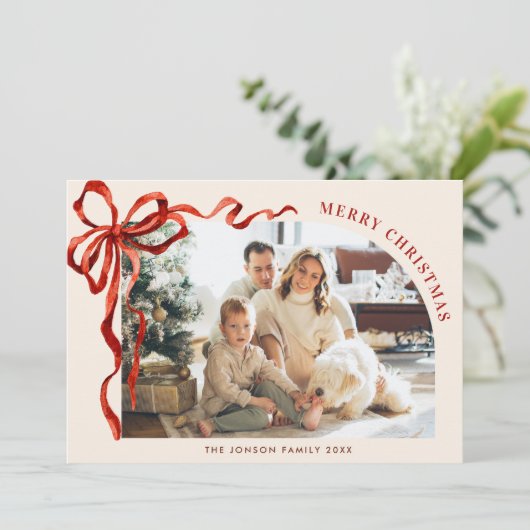 Funky Christmas Boho Red Bow Ribbon 6 Photo Feestdagenkaart (Staand voorkant)