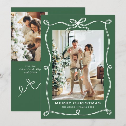 Funky Christmas Sage Green Bow Ribbon 3 Photo Feestdagenkaart (Voorkant / Achterkant)