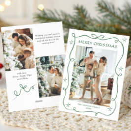Funky Christmas Sage Green Bow Ribbon 3 Photo Feestdagenkaart
