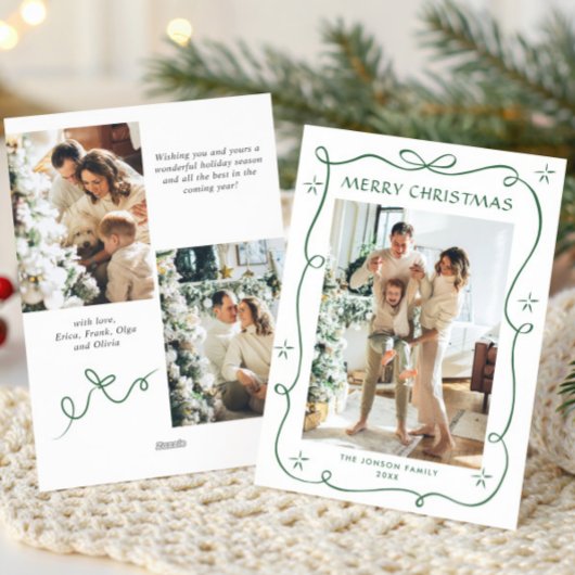 Funky Christmas Sage Green Bow Ribbon 3 Photo Feestdagenkaart