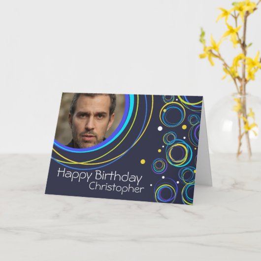 Funky Circle Card in marine voegt foto en naam toe Kaart (Gele Bloem)