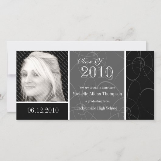Funky Classic Black Swirls Afstuderen Fotokaart Aankondiging (Voorkant)