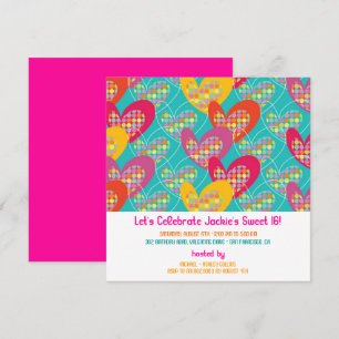 Funky Color Retro Pop Hearts Girl Birthday Invite Kaart