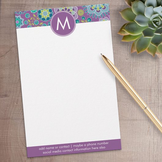 Funky Colorful Floral Pattern Custom Monogram Briefpapier