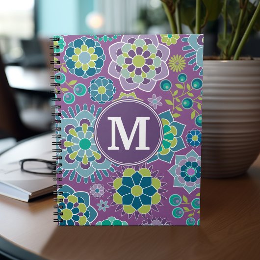 Funky Colorful Floral Pattern Custom Monogram Notitieboek