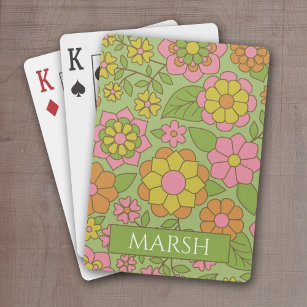 Funky Colorful Pastel Floral Pattern - Monogram Pokerkaarten