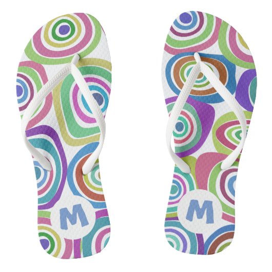 Funky Colorful Retro Circles Pattern Monogram Teenslippers (Voetbed)