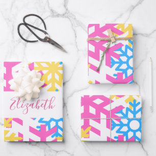 Funky Colorful Snowflake & Custom Name Winter Vibe Inpakpapier Vel